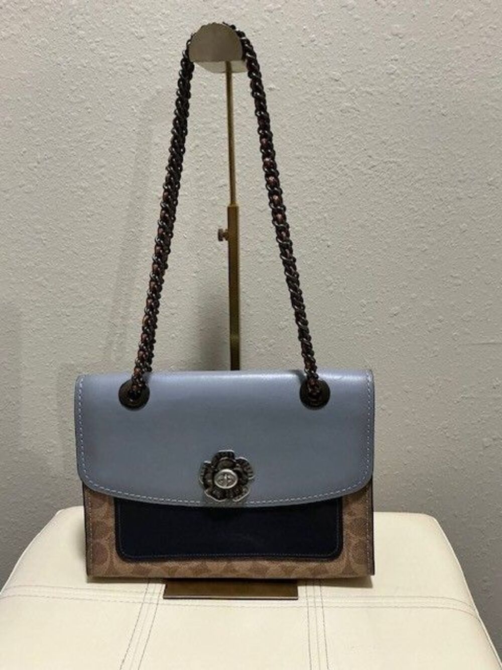 Coach Parker Tea Rose Signature Colorblock  Shoulder Bag Blue Black Gold